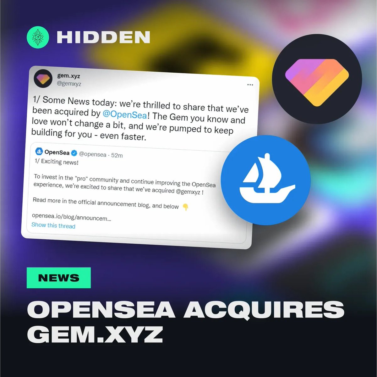 hiddensociety's tweet photo. NFT marketplace powerhouse @opensea acquires @gemxyz an NFT Aggregator, used to sweep multiple NFTS in one purchase.

https://t.co/iTrEgZWP4W claims to help users save up to 42% in gas fees when utilizing their tool, what are your thoughts on the acquisition? https://t.co/vvsYAPRLnp