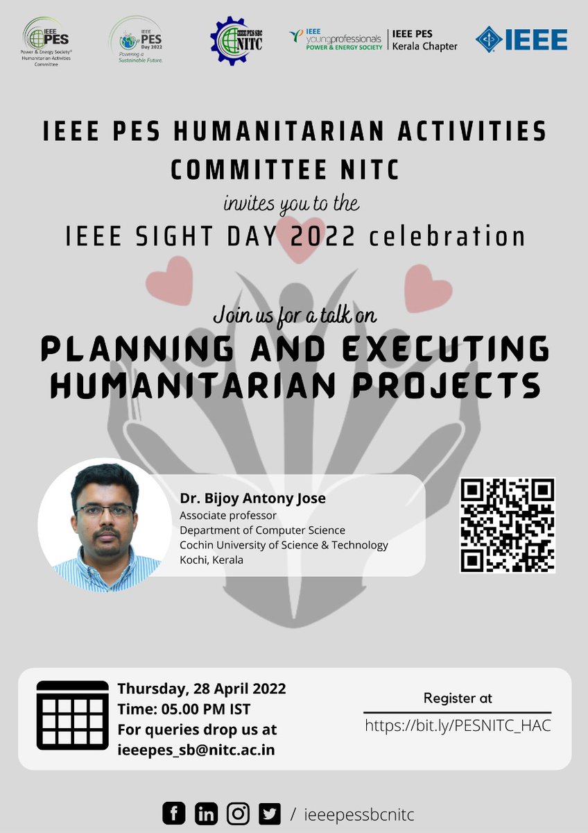 ieeepes_sb_nitc's tweet image. As a part of IEEE SIGHT day 2022 celebration, IEEE PES HAC NITC is organizing a Talk on
&quot;Planning and Executing Humanitarian Projects&quot;

🗓 Thursday, 28th April 2022
⏱ 05:00 PM IST

✍🏼 Registration link👇
bit.ly/PESNITC_HAC

#ieee #ieeepeshac #ieeesightday #Kerala