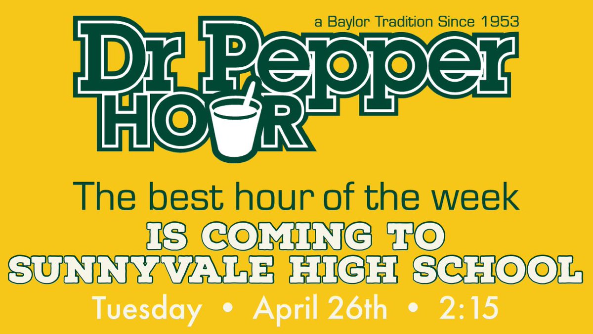 We are honored to have <a href="/Baylor/">Baylor University</a> University bring their famous Dr. Pepper Hour to SHS for our Seniors and Juniors! Tuesday • April 26th
2:15 
SIC’EM, BEARS!🐻 
GO, RAIDERS! 🤠