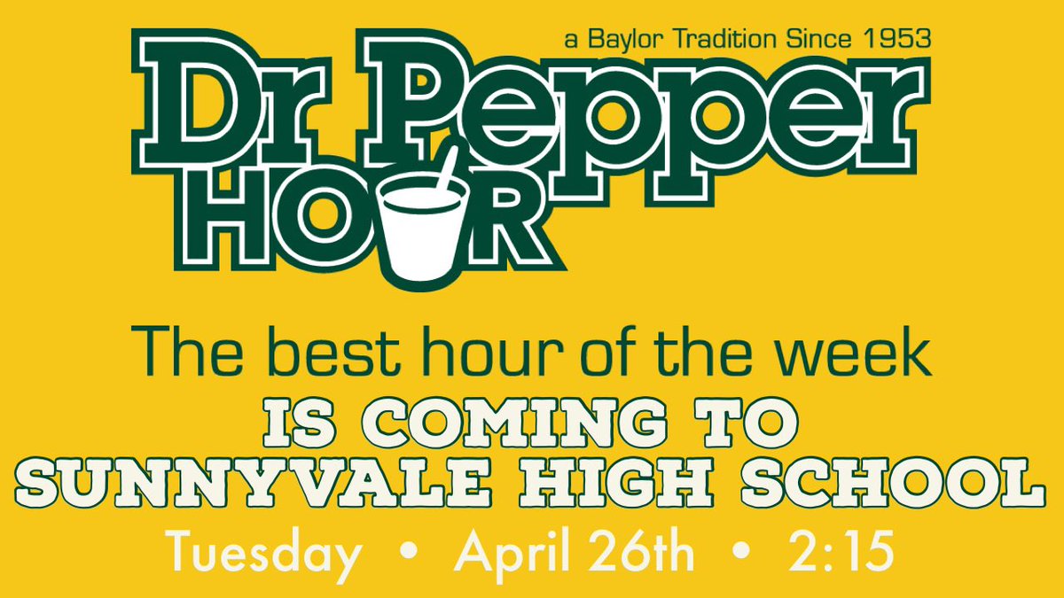 We are honored to have @Baylor University bring their famous Dr. Pepper Hour to SHS for our Seniors and Juniors! Tuesday • April 26th 2:15 SIC’EM, BEARS!🐻 GO, RAIDERS! 🤠