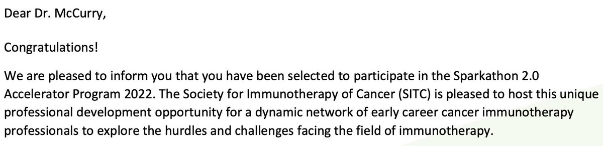 Grateful and excited to be selected for the ⁦<a href="/sitcancer/">Society for Immunotherapy of Cancer</a> Sparkathon⁩! A big thanks to my mentors <a href="/MDAndersonNews/">MD Anderson Cancer Center</a> <a href="/pbachi/">Pavan Bachireddy</a>, <a href="/UPMCHillmanCC/">UPMC Hillman Cancer Center</a> <a href="/YanaNajjarMD/">Yana Najjar</a>, and <a href="/MayoClinic/">Mayo Clinic</a> <a href="/PeterCohenMD/">Peter A Cohen MD</a>. Looking forward to this retreat and career opportunity.