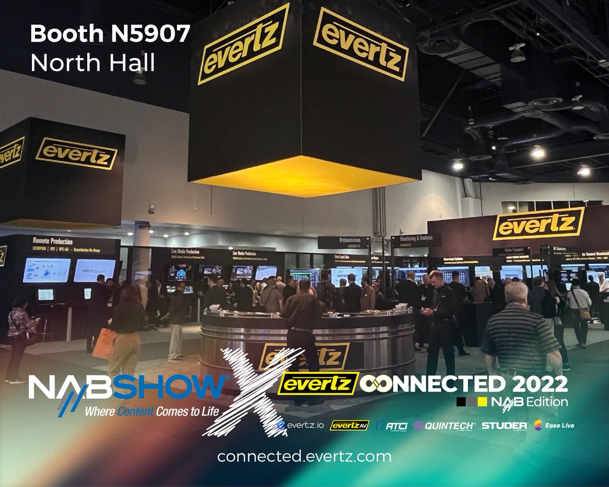 EvertzTV's tweet photo. #NABshow is live and the #Evertz booth is open for business!

Come see the new solutions from @EvertzAV, @evertzio, @Studer, @EaseLive_TV, @Quintech_RF &amp; #ATCI @Simulsat

Also join us online at https://t.co/nnCJZwnIiW

#nab #nabshow2022 #broadcasting #broadcast #liveproduction https://t.co/21mGocBPC7