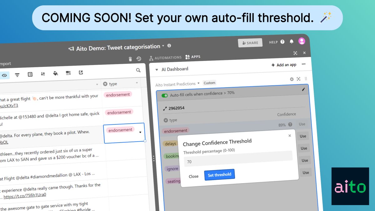 We've submitted the new version of our <a href="/airtable/">Airtable</a> app for review! 🍾 The most requested feature has been the user-configurable auto-fill threshold, and that's in!

The review will take a few weeks, follow us for updates in the meantime plus all things #nocode and #ai!🙌