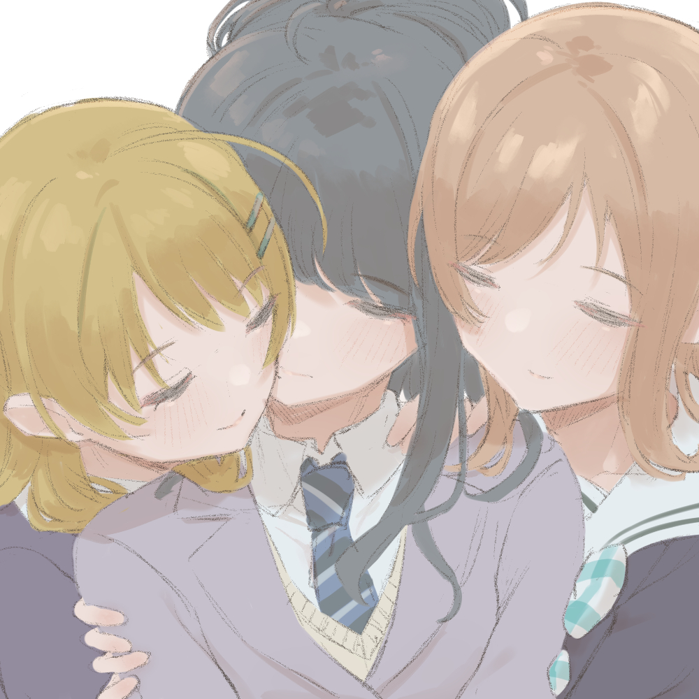 hachimiya meguru ,kazano hiori ,sakuragi mano multiple girls 3girls closed eyes school uniform black hair necktie blonde hair  illustration images