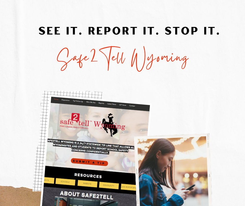 Safe2TellWy_org's tweet photo. Safe2Tell Wyoming is available 24/7 for you to confidentially report safety concerns regarding yourself or friends. Report concerns via the Safe2Tell Wyoming mobile app, by calling 1-844-WYO-SAFE or online. https://t.co/o1fDfUIkq3