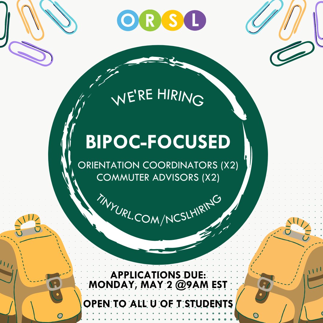 Orientation Coordinator &amp; Commuter Advisor (BIPOC-focused) apps close Monday, May 2 at 9AM EST! Apply for a PAID position today! ⁠
⁠
⁠Check out tinyurl.com/NCSLHiring to learn more about the positions and submit your application today.⁠ ✨