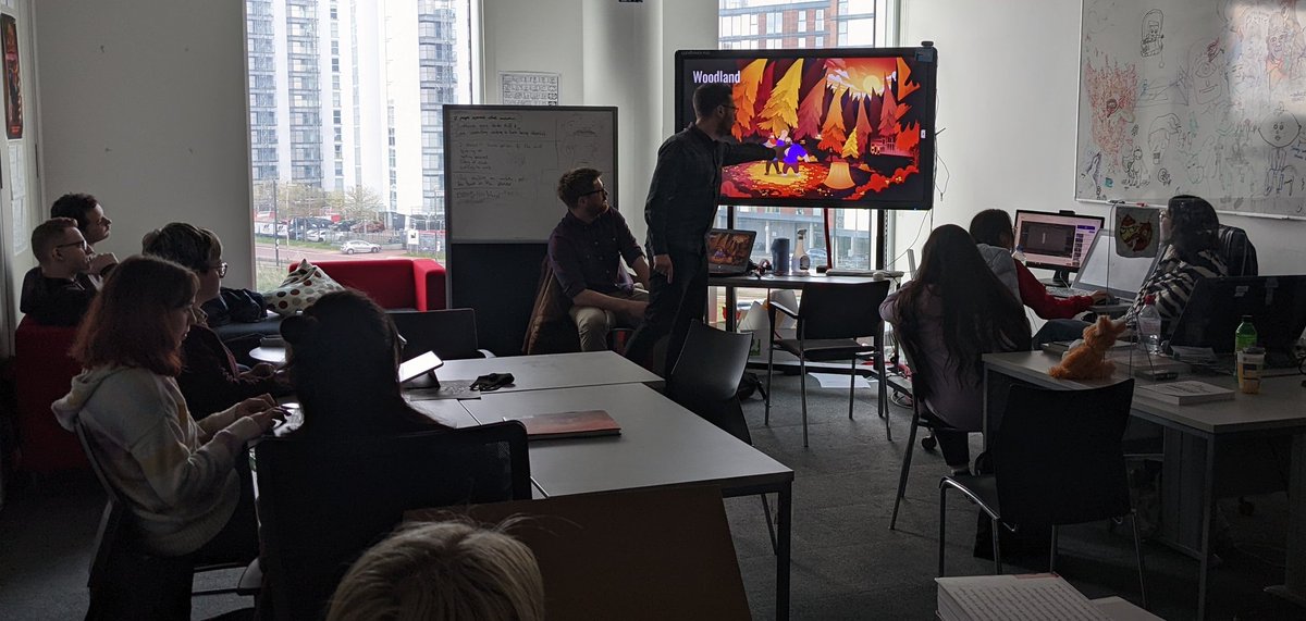 AnimationUoS's tweet photo. Lovely to have @StrangeAcreSTU 's Ben &amp; Phil giving an opportunity for our soon to graduate students to help complete their BFI funded short animation film over the summer, as well as some indie advice on making their film #toonboom #2DAnimation https://t.co/V3ZOPteZUH