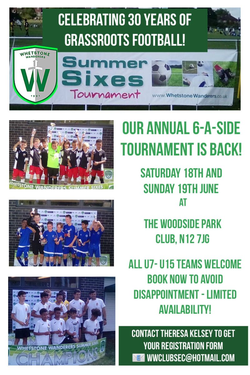 Summer 6s Tournament

We still have availability for the following age groups 

U12 - 3 spaces 
Contact us as per the details on this post.

Please RT. 

#UpTheWanderers