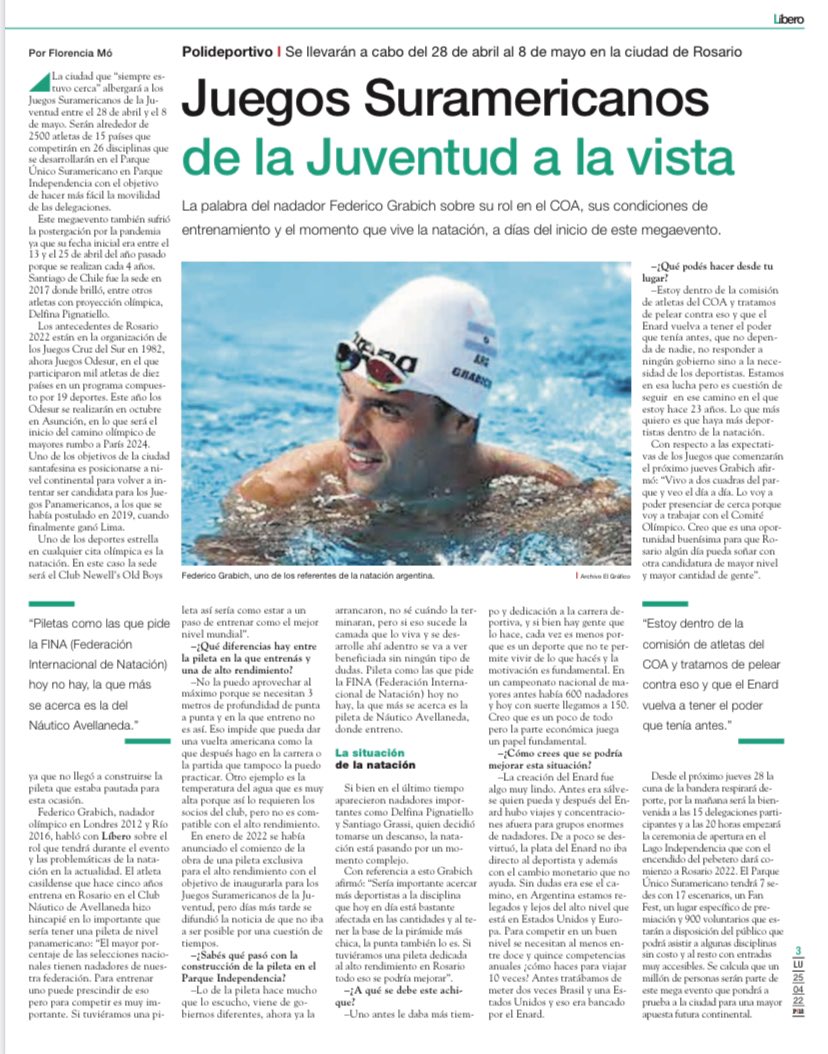 🗣 La palabra de <a href="/GrabichFederico/">Fede Grabich</a> a días del comienzo de @JSJRosario2022 

👉 La situación de la natación en el país 
👉 Su rol en el Coa 
👉 ¿Qué participación tendrá en los Juegos?

🗞 Hoy en Líbero, en <a href="/pagina12/">Página|12</a> 

pagina12.com.ar/417252-arranca…