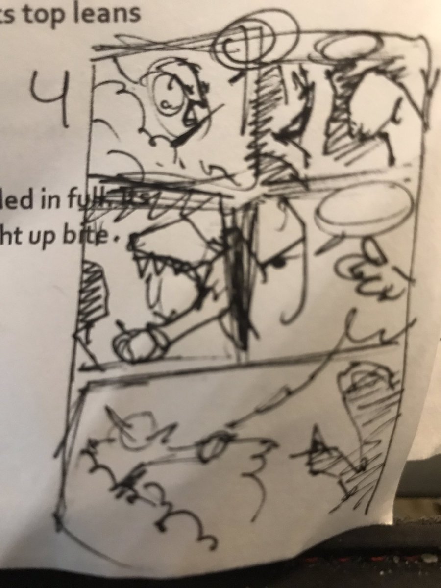 This is page 4 of the robotnik story and I'm just giving you a look at the thumbnail I make on my printed out script, which I photograph with the iPad then drop it onto a layer and pencil on top of that. I keep pencils loose when I do my own inks, which is the third pic. /5