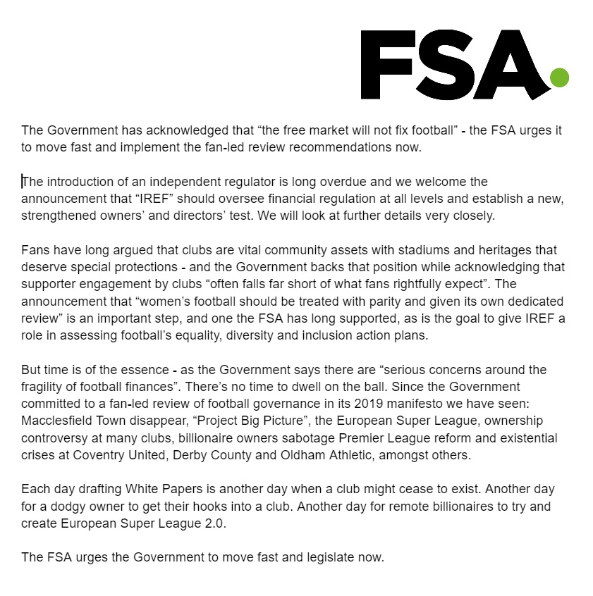 The FSA on Twitter "STATEMENT (25/4/22) FSA urges Government to move