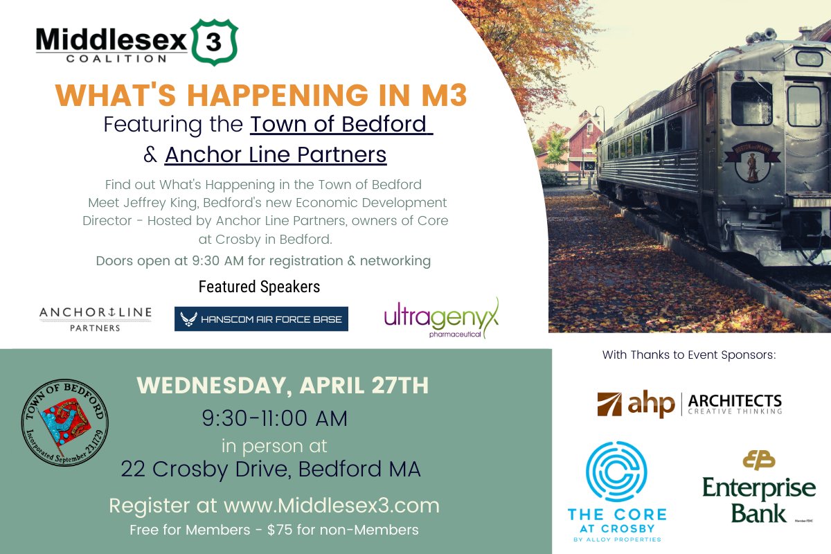 Find out this Wednesday What's Happening in Bedford featuring @ultragenyx, @Hanscom_AFB, @BedfrdAreaChmbr and more! Thank you to our sponsors @ahp_Architects and @EnterpriseBank