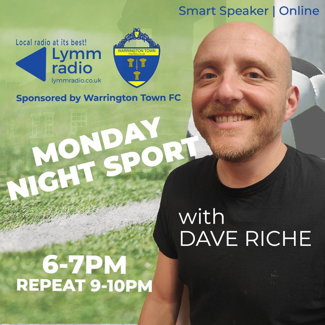 Tonight from 6 or repeat at 9 
⚽️ <a href="/theyellows/">Warrington Town FC</a> chairman <a href="/ChairmanWTFC/">Toby Macormac</a>, Mark Beesley, Josh Amis &amp; Mark Roberts on tomorrow’s play off 
⚽️ @RylandsFC chairman Mark Pye and Rick Smith on promotion  
🏉 <a href="/WarringtonRLFC/">Warrington Wolves</a>  Daryl Powell &amp; <a href="/LymmRugbyClub/">Lymm RFC</a> coach Adam Fletcher 
🎵 Fab music