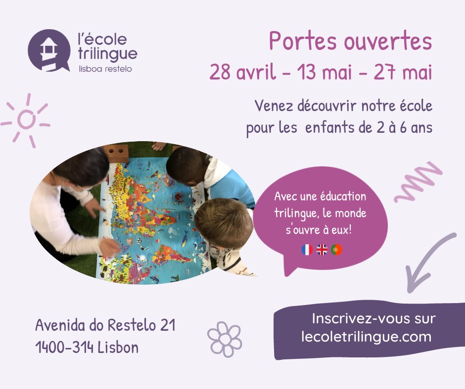 Trois occasions de découvrir notre future école ! Inscrivez-vous : info@lecoletrilingue.com <a href="/AmbaFrancePT/">La France au Portugal 🇫🇷</a>