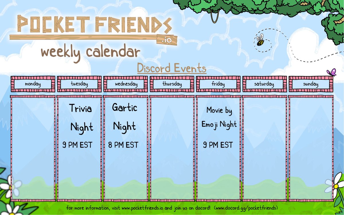 🌳 PF weekly schedule 🌳 Come have some fun with us in the discord!! First up is trivia night - tomorrow night at 9 PM EST!! discord.gg/pocketfriends