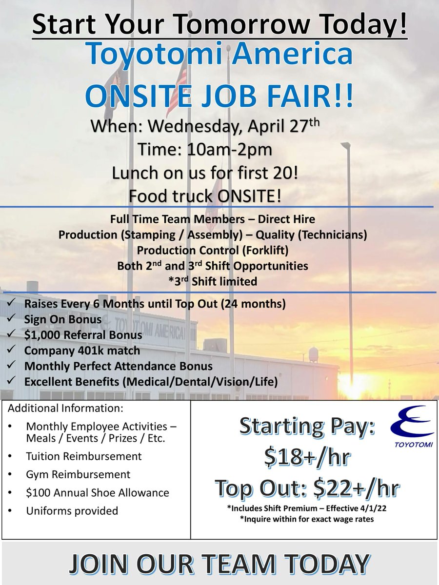 Toyotomi America is hosting an Onsite JOB FAIR on April 27 from 10 am - 2 pm. Full time positions are available with a starting wage at $18 per hour. This event will be held at 1 Sakura Drive, Springfield, KY.