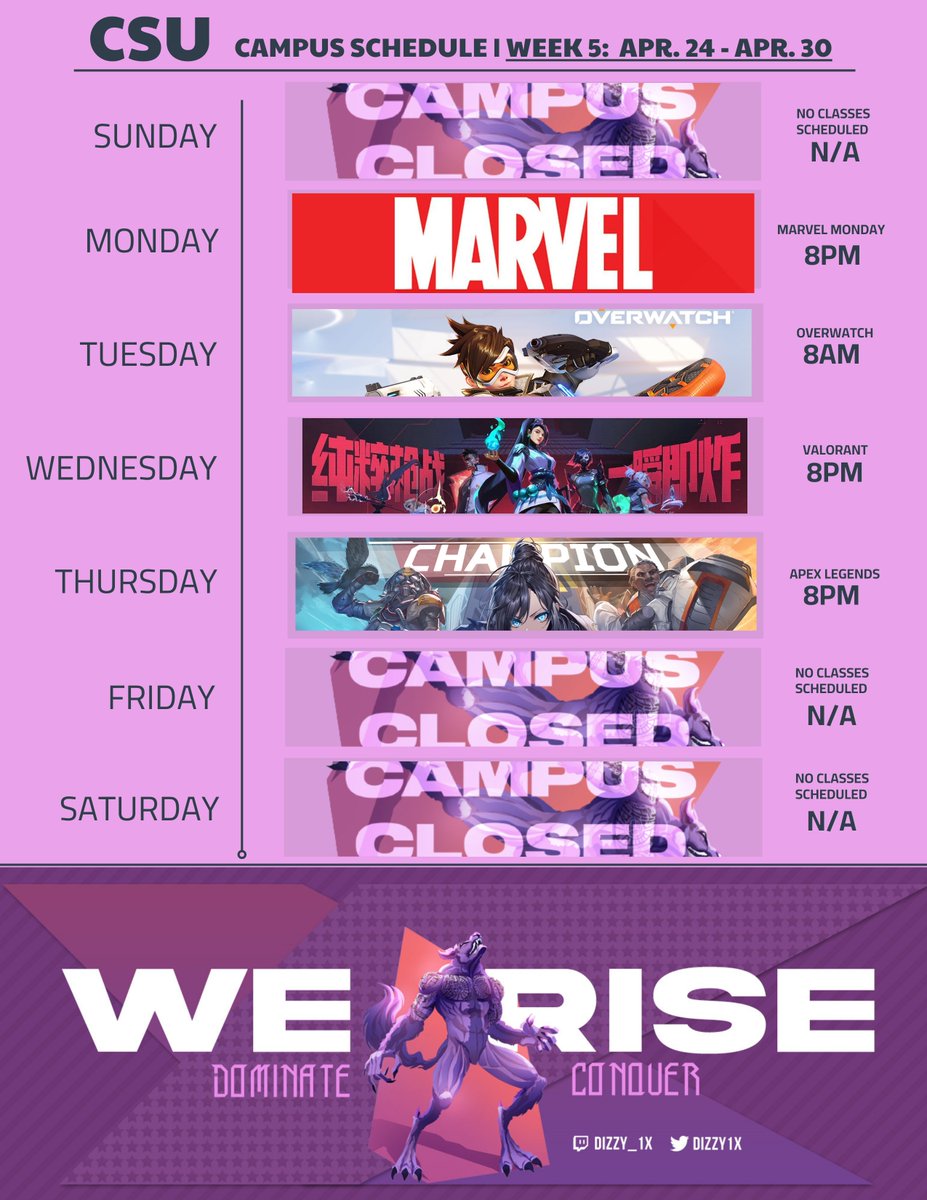 DiZZY1X's tweet image. 🚨#CSULiveAlert🚨

Here is your class schedule for the week! #WarzoneWednesday Lectures Has CANCELED until further notice, #VALWednesday Lectures Will Replace It! Hope to see you all this week!

You’re Truly,
HEADMASTER DiZZY1X
#CSU #CapitalStateUniversity 
#HomeOfTheWerewolves