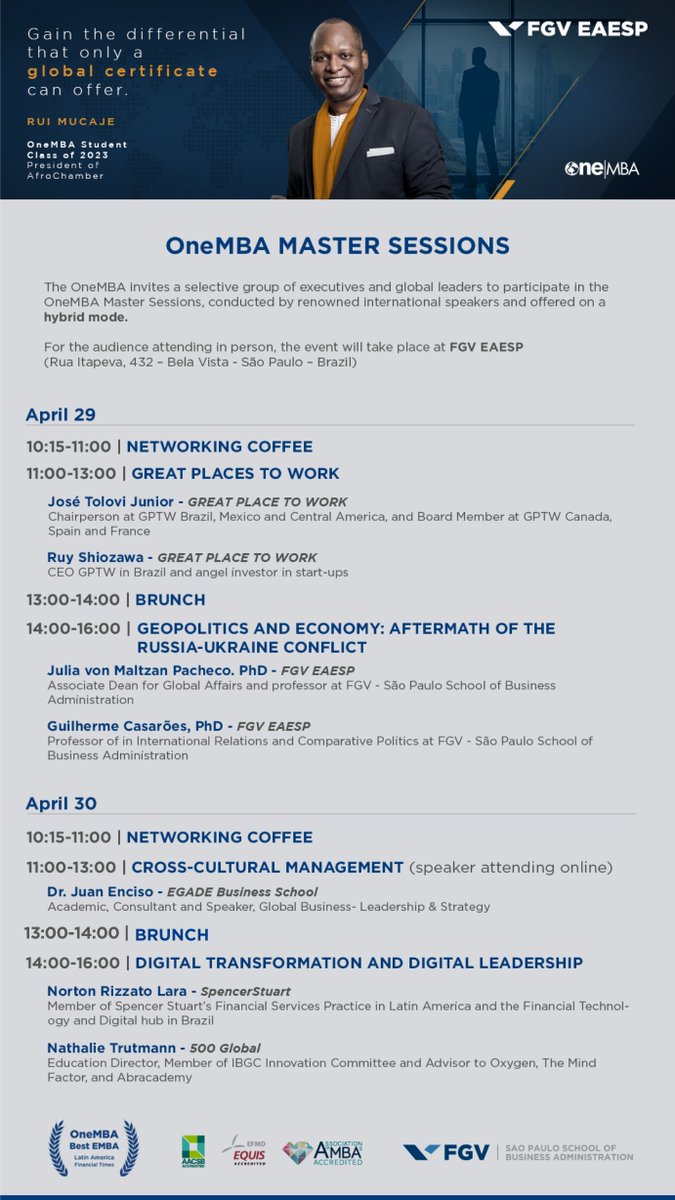 AFROCHAMBERccab's tweet photo. The #OneMBA invites a selective group of executives and global leaders to participate in the Master Sessions, conducted by renowned international speakers and offered on a hybrid mode.
Time zone is GMT-3 (BRT) and event will be conducted in English.
RSVP: https://t.co/Ehwurpzxjg https://t.co/LNNlWZk6Qa