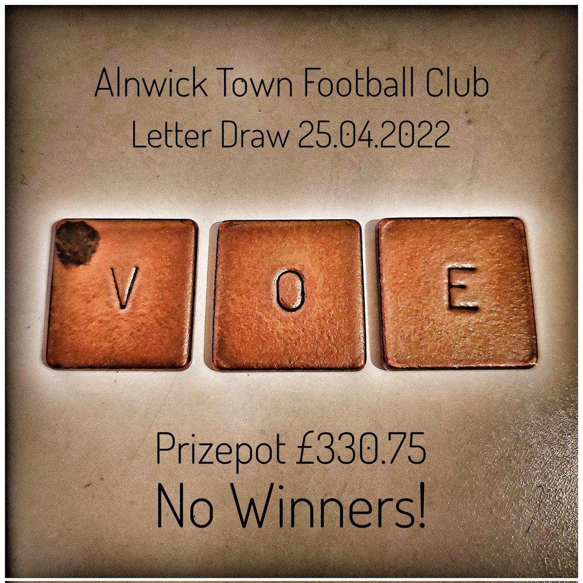 AlnwickTownAFC's tweet photo. 🗣️ Letter Draw Result
🗓️ 25.04.2022
🔠 V OE
💰 £330.75
🎉 No Winners!
🔮 Next week estimate £500
@juniors_atfc
@AlnwickTownLFC
#AlnwickTown #LetterDraw #Alnwick #Fundraising https://t.co/5L2iZh9KK1