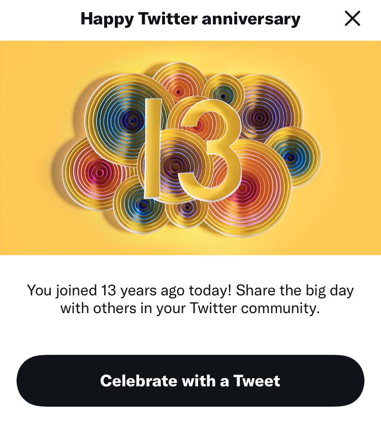 Thank you <a href="/elonmusk/">Elon Musk</a> for the lovely <a href="/Twitter/">Twitter</a> Bar Mitzvah present #MyTwitterAnniversary