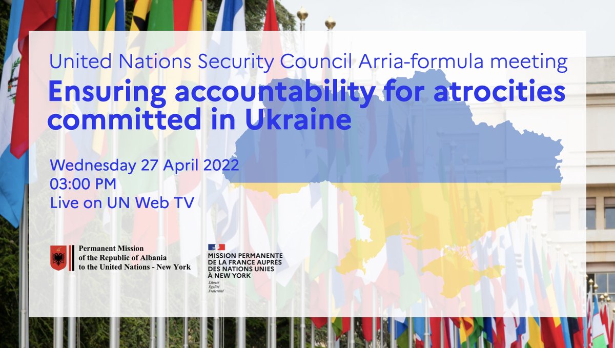 franceonu's tweet photo. Albania🇦🇱 and France🇫🇷 are co-organizing, in cooperation with Ukraine🇺🇦, a #UNSC Arria-formula meeting on “Ensuring Accountability for the atrocities committed in Ukraine”
 
🗓️Wed, April 27th | 3:00 PM
📍 ECOSOC Chamber
📺 LIVE @UNWebTV 
 
#AccountabilityforUkraine https://t.co/VlLphklRXI