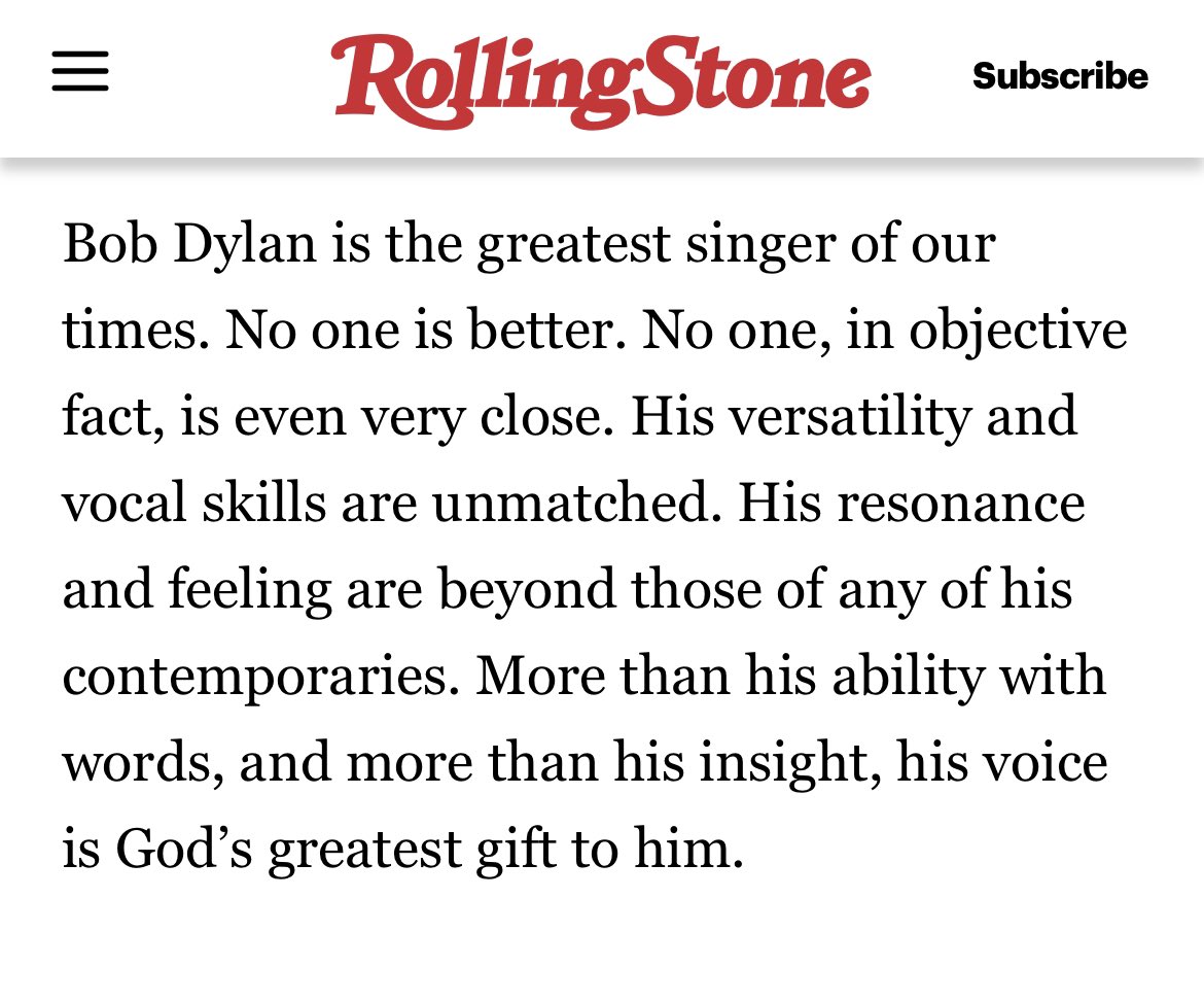 TheFM_Dylan's tweet image. Jann Wenner nailed the ‘Bob Can’t Sing’ debate shut in November 1979. “The greatest singer of our times. No one is better. No one, in objective fact, is even very close.”

This was in the Slow Train Coming review.