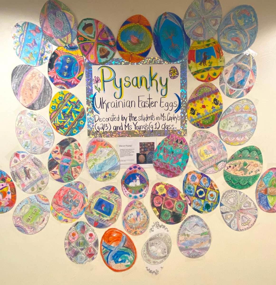 Ms_NatYoung's tweet photo. The grade 1 and 2/3 class teamed up to learn about the Pysanky Ukrainian Easter eggs, and decorate our own with beautiful colours! 
Happy Orthodox Easter 🌻 https://t.co/APPa5m9yeT