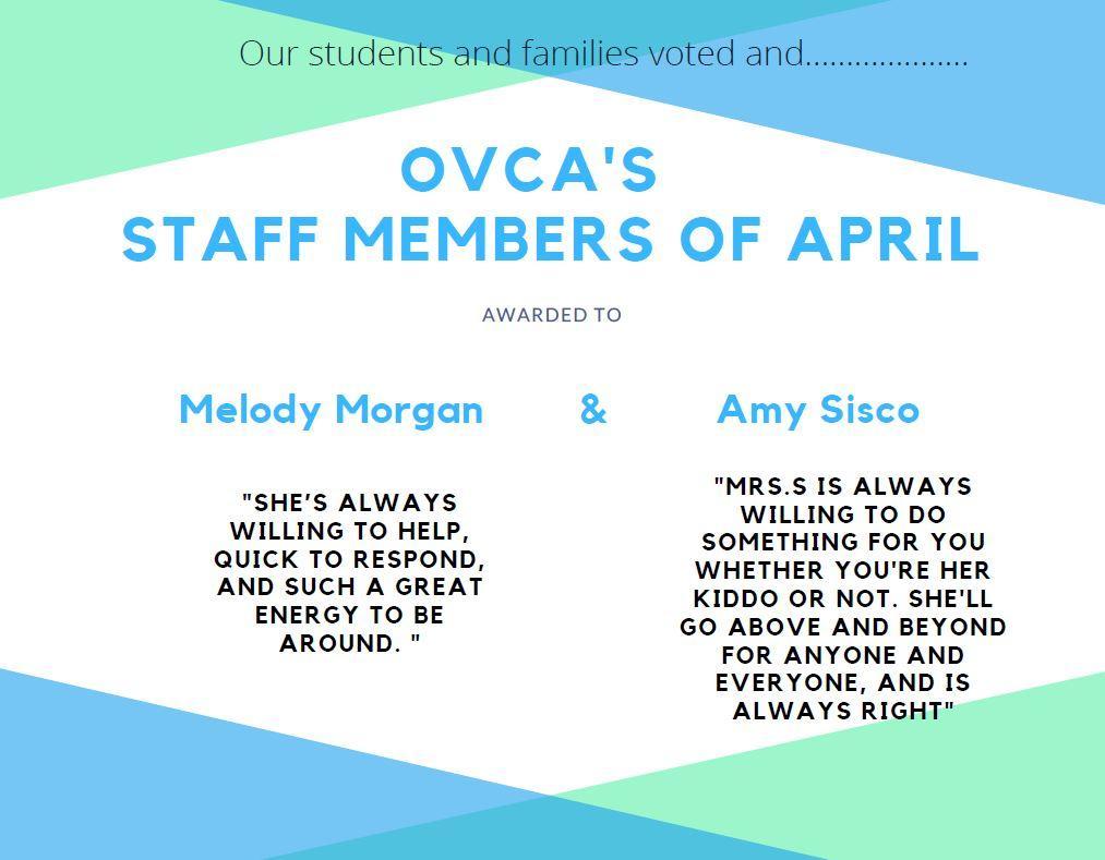 OVCAk12's tweet photo. Staff Members of the Month: April 
Help us celebrate these outstanding staff members!
https://t.co/x8mSvVTB1W https://t.co/CKSyQprLOV https://t.co/0BstV2k41f