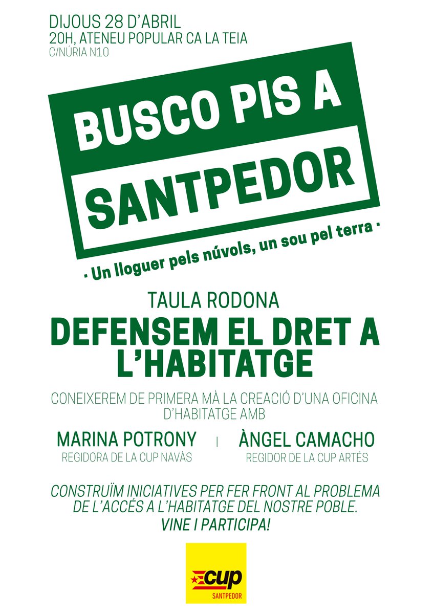 CUP_Santpedor's tweet photo. 🟢 BUSQUES PIS A SANTPEDOR? 

Del 2016 al 2021 el lloguer a Santpedor s'ha encarit un 23,4%, mentre que l'IPC a la província només ha pujat un 7.2% en el mateix període. 

Un lloguer pels núvols, un sou pel terra!👇 https://t.co/ikif8OT1Xt