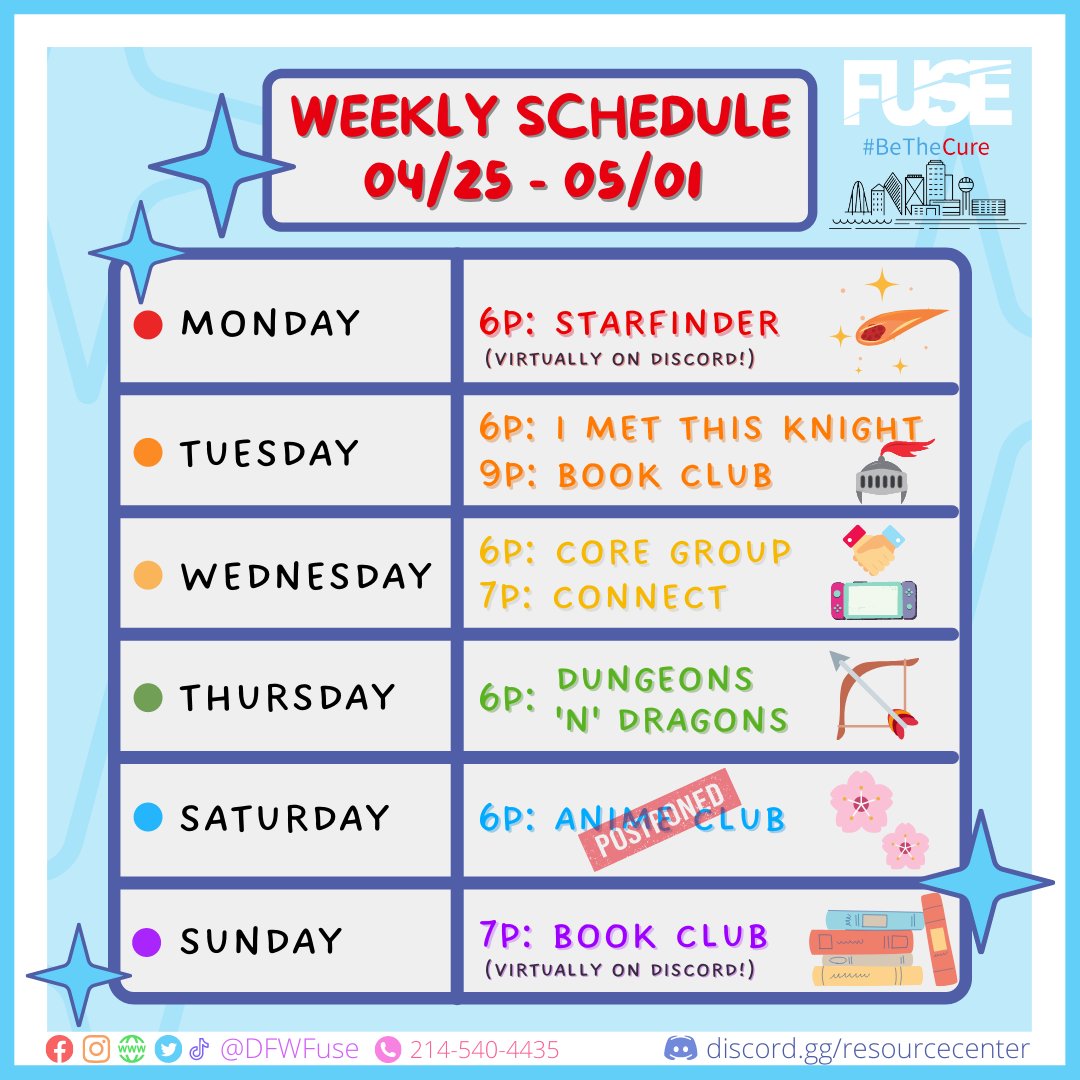 Here is our calendar for the week! April Shower 🌧 bring May Flowers 🌸 

Fuse is a Social Group for 18-35-year-old guys who like other guys!

#DFWFuse #DFWFuse #gay #gaydallas #dallaslgbt #dallaslgbtq