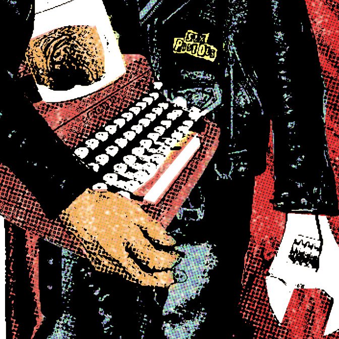 PUNKYOTE! That crazy anthropomorphic, wrench-handed, punk-rock coyote, seen here with his electric typewriter, Akira t-shirt, &amp; brain in a jar: NOW IN GLORIOUS TECHNICOLOR! #PunkRock #Illustrator #Punkyote #Coyote #art #freelancer #PunkNoir #SexPistols #Typewriter #Akira