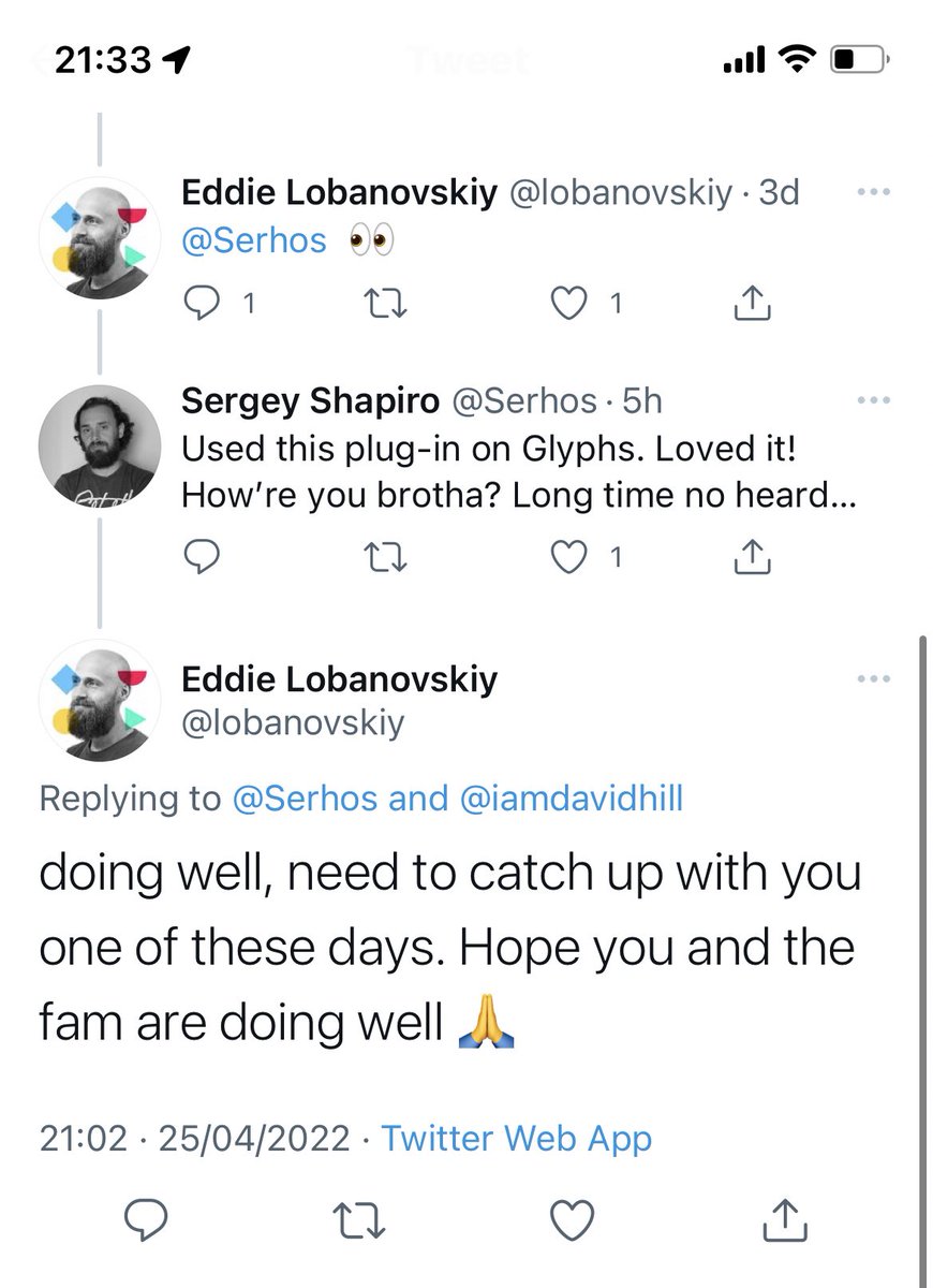 iamdavidhill's tweet photo. Just two design legends having a chat on one of my tweets 😎 @lobanovskiy @Serhos https://t.co/NudUCQ9jGg