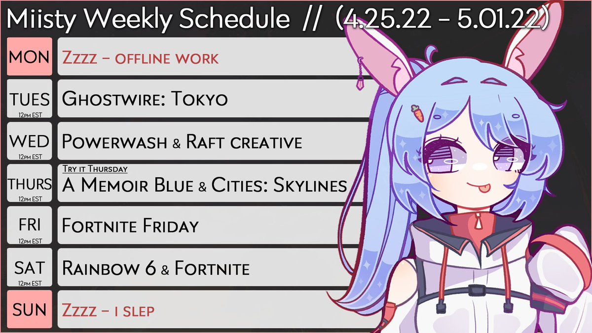° ★   Weekly Stream Schedule   ★ °
🌺 ✦    4.25.22 to 5.01.22    ✦ 🌺

Loads of video games and fun times. 
I'm sending everyone good vibes for a good week

✨
