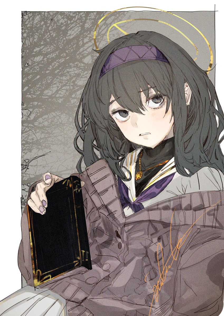 ui (blue archive) 1girl solo bags under eyes book halo hairband long hair  illustration images