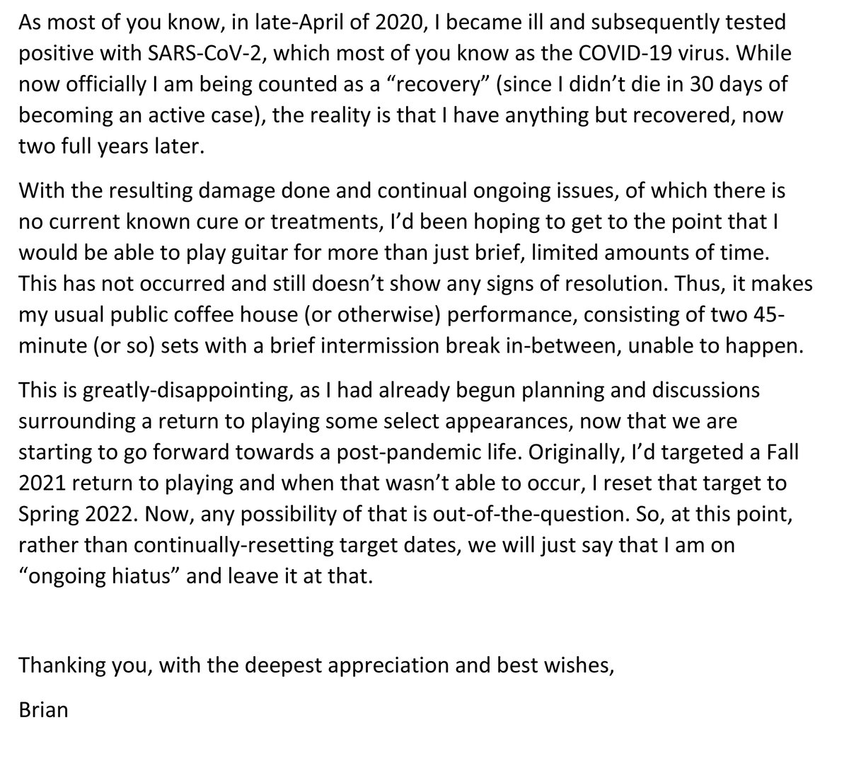 BTsongs's tweet photo. For those of you that have been wondering about when I will be returning to public performing, this is the latest and best update that I can provide. https://t.co/bjQAdSgrXg