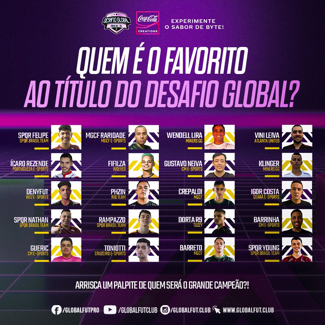 Globalpro_es's tweet photo. 💜🎮 #AMagiaAcontece
Na opinião de vocês, quem é o favorito ao título do Desafio Global?
Siga: @cocacola_br
#AMagiaAcontece #FIFA22 #FIFA #eSports #VemPraGlobal #GlobalFutPro #FutebolDigital #CocaByte #CocaCola #CocaByteNaGlobal #Metaverso #Pixel #Futebol https://t.co/4HDA8lZbKh