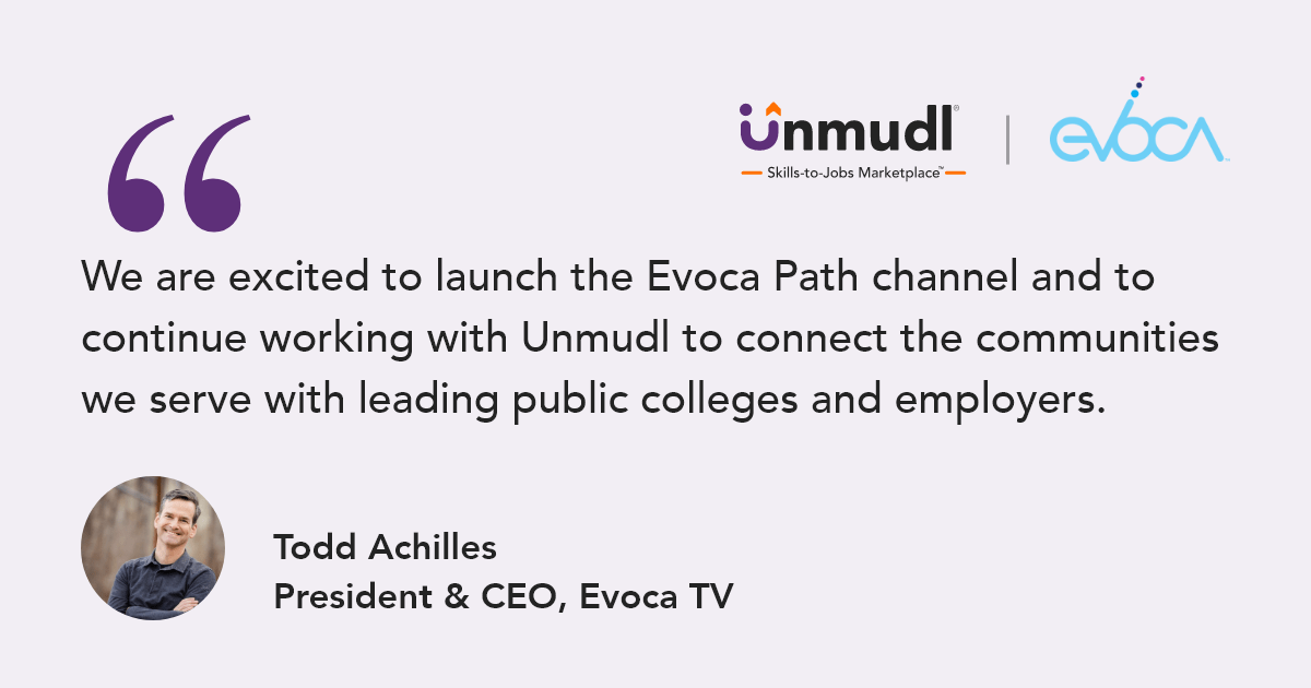 unmudl's tweet photo. Unmudl &amp; Evoca TV are collaborating!  The partnership between Unmudl and Evoca TV works directly for those seeking to create better futures for themselves by amplifying the power of the skills-to-jobs marketplace.
#unmudl #workinglearners #skillstojobs #evocatv https://t.co/L2OO67O7C2