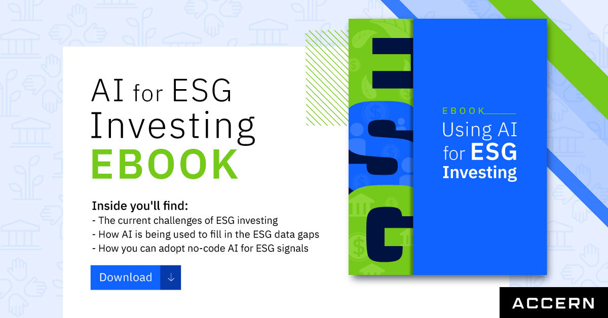 accern_ai's tweet photo. AI and NLP empower organizations to make better ESG investments by filling in the data gaps that impair sound investment decisions. Download your free copy of our eBook to learn more: https://t.co/W806NiJ46s
#ESG #AI #Accern #NLP #nocodeNLP https://t.co/DfSaJ6InGC