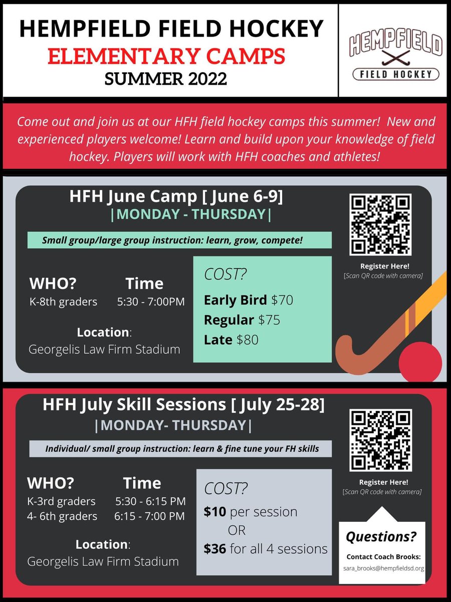 Summer 2022 Hempfield Field Hockey Elementary Camp- REGISTRATION OPEN!
>>Open to incoming K-8th graders

Come join us for some hockey fun! 🏑🎉
<a href="/hempfield/">Hempfield SD</a> 

Registration:
HFH CAMP [K-8]
 June 6-9: tinyurl.com/yckun5tr

Skill Sessions [ K-6] 
July 25-28: tinyurl.com/yckpey73