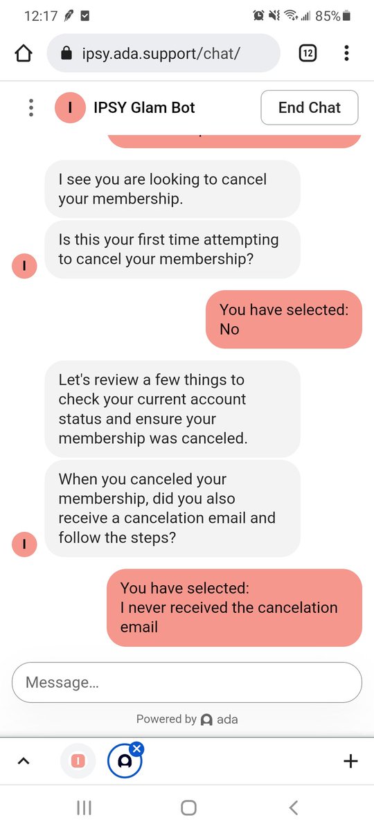 RachelWorswick's tweet photo. @IPSYCare @IPSY The fact that your bots very first option is 'I never received an email.' Tells me you are aware of the issue and are knowingly entrapping people in contract with you to increase the money you collect. https://t.co/nmhhqMRAEW