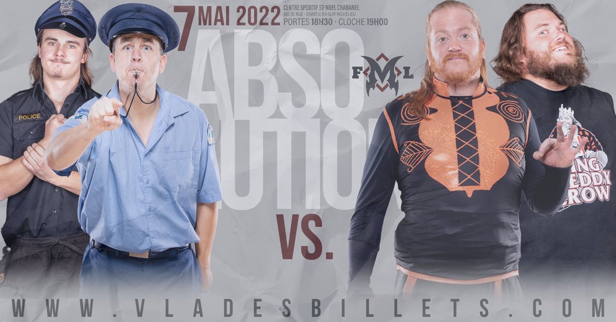 FmLutte's tweet image. Dans 2 semaines #FMLAbsolution Combat par équipe, La Police vs MJAYWO

In 2 weeks #FmlAbsolution Police Academy against MJAYWO in Tag team action.

L'Académie de Police vs.
MJAYWO (King Freddy Crow &amp;amp; Hell Routo)

Tix on sale/Billets en vente :
eventbrite.ca/e/billets-fmlu…