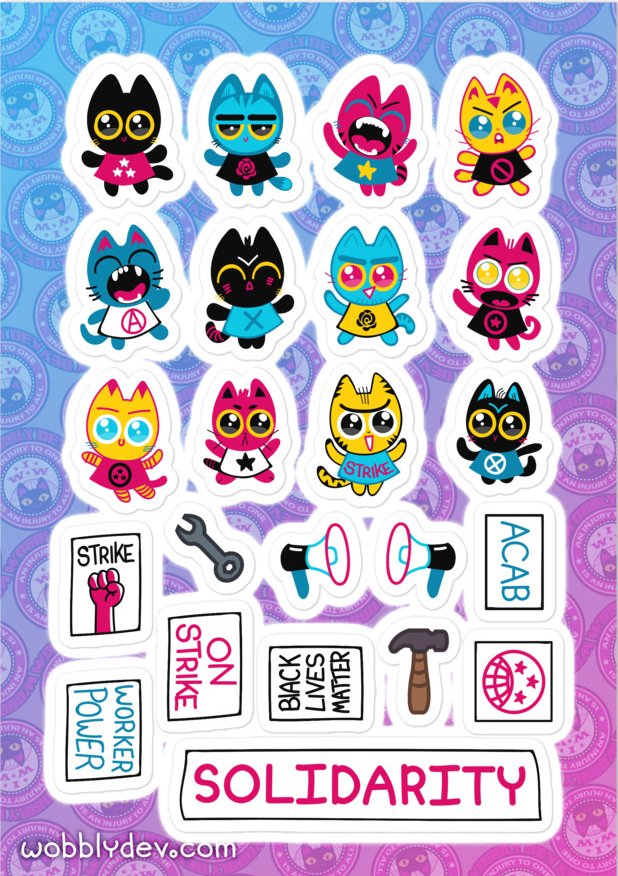 design your own picket line of working-class cats shutting it down!
wobblydev.com/stickers/