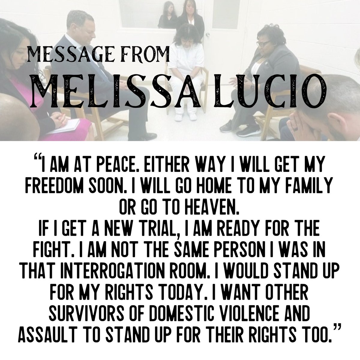 freemellucio's tweet photo. This morning, Melissa Lucio gave the following message to her friends Sabrina Van Tassel and Sandra Jonas to be delivered to her supporters and all that have advocated for her innocence as she awaits the decision of the Texas Board of Pardons &amp; Paroles: https://t.co/2z77FPCMQ6