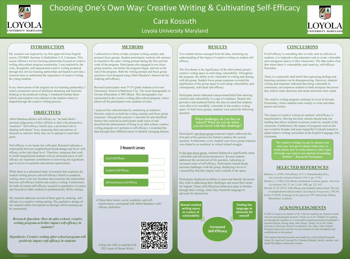 Congratulations Cara Kossuth!
Winner of Undergraduate Student Research and  Scholarship Colloquium (USRSC) poster on 4/22/22! 
Her poster was titled "Choosing One's Own Way: Creative Writing &amp; Cultivating Self-Efficacy" and was funded by a Kolvenbach grant. #Kolvenbach