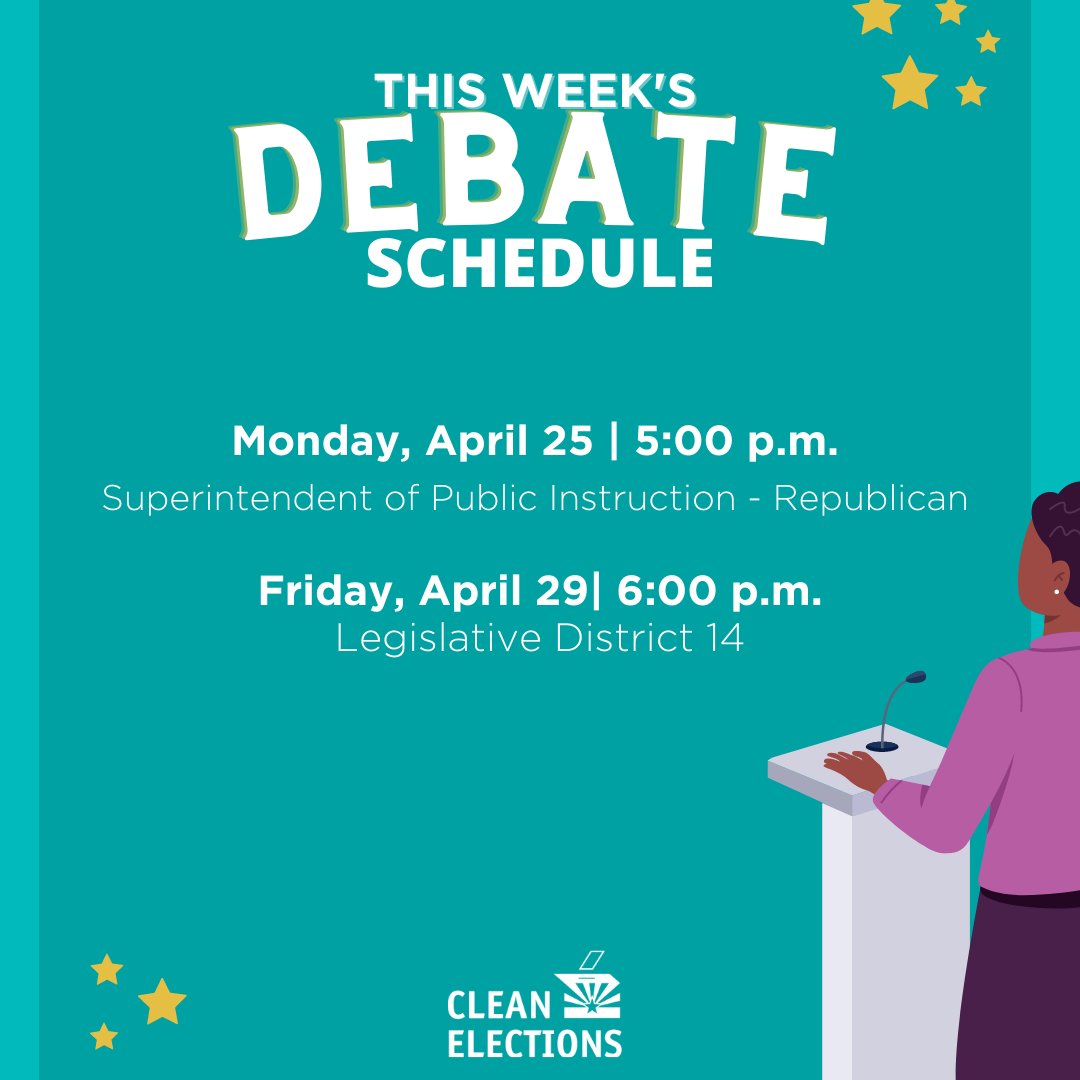 AZCCEC's tweet photo. Tune in live for this week’s candidate debates. All #AZdebates will be broadcast on the Clean Elections YouTube channel. Learn more on our website: https://t.co/YlSYxj4MuF https://t.co/VTiEg5bCZ1