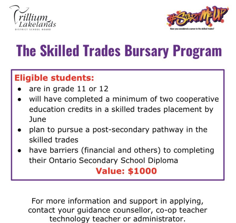 🧰THE SKILLED TRADES BURSARY🛠🌟Deadline to apply Fri, Apr 30
All gr 11&amp;12 Ss who have completed 2 #coop credits in a #skilledtrades placement can apply!
TLDSB.ca/pathways

#StartMeUp <a href="/infobml/">BMLSS</a> <a href="/FenelonFallsSS/">Fenelon Falls SS</a> <a href="/GravenhurstHS/">GHS</a> <a href="/HuntsvilleHS/">Huntsville HS</a> <a href="/LCVIinfo/">LCVI Spartans</a> <a href="/IEWeldonSS/">IE Weldon SS</a> <a href="/HHSS_RedHawks/">Haliburton High SS</a>