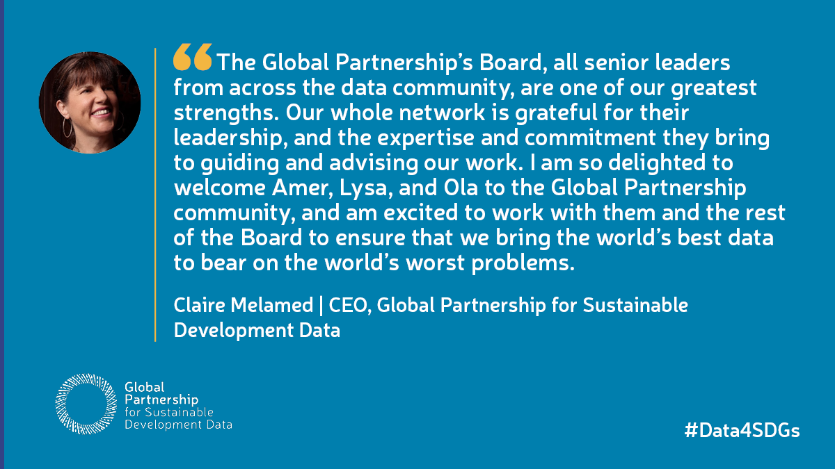 📢 BIG news! 

We're proud to announce three new members of our Board: Amer Baig, Lysa John (<a href="/CIVICUSalliance/">CIVICUS</a>), &amp; 
<a href="/Olashakhshir/">Ola Awad</a> (<a href="/PCBSPalestine/">PCBS</a>), who bring extensive expertise from the public, private, + civil society sectors.

Why they're excited to join #Data4SDGs 👇🧵