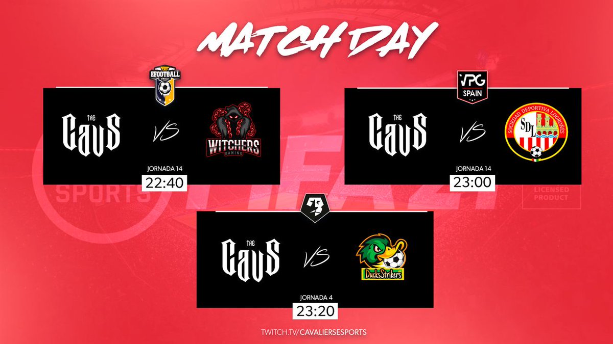 #MATCHDAY | @PLGeFootBall <a href="/VPG_Spain/">Virtual Pro Gaming España</a> <a href="/VFOspain/">VFO España</a>

🏆 1ª división - J13
⏰ 22:40h - @WITCHERSGAMING

🏆 2ª división B - J14
⏰ 23:00h - <a href="/SDLogrones/">SD Logroñés</a>

🏆 4ª división B - J4
⏰ 23:20h - <a href="/DucksStrikers/">Ducks Strikers🎮⚽</a>

#GoCavs <a href="/CavaliersEC/">Cavaliers Esports</a> ❤️⚔️

📺 En directo, en Twitch
twitch.tv/cavaliersespor…