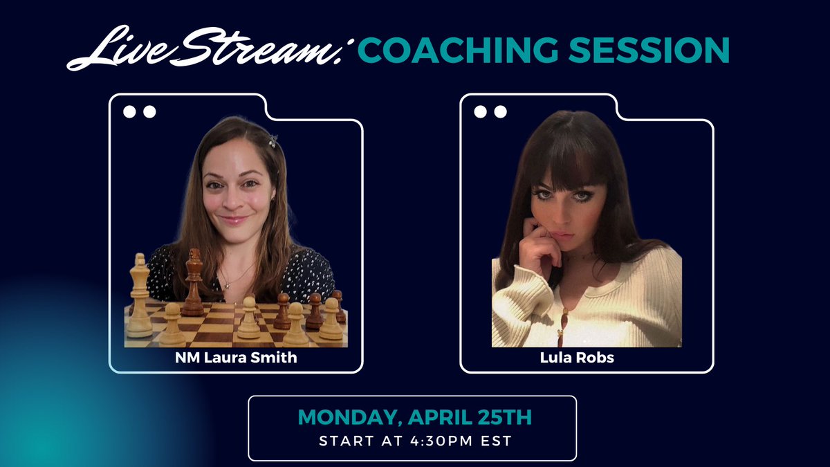 lularobs's tweet photo. I have a #chess lesson on stream tonight at 21:30 BST/22:30 CEST with @lauraloveschess! Should be super educational for anyone u1700!

We’ll both be streaming it so catch it in one of two places:

https://t.co/gl5hYzt4yh
https://t.co/jpJtPFcKob

See you guys there 🥰 https://t.co/G7ZsAtbdKO