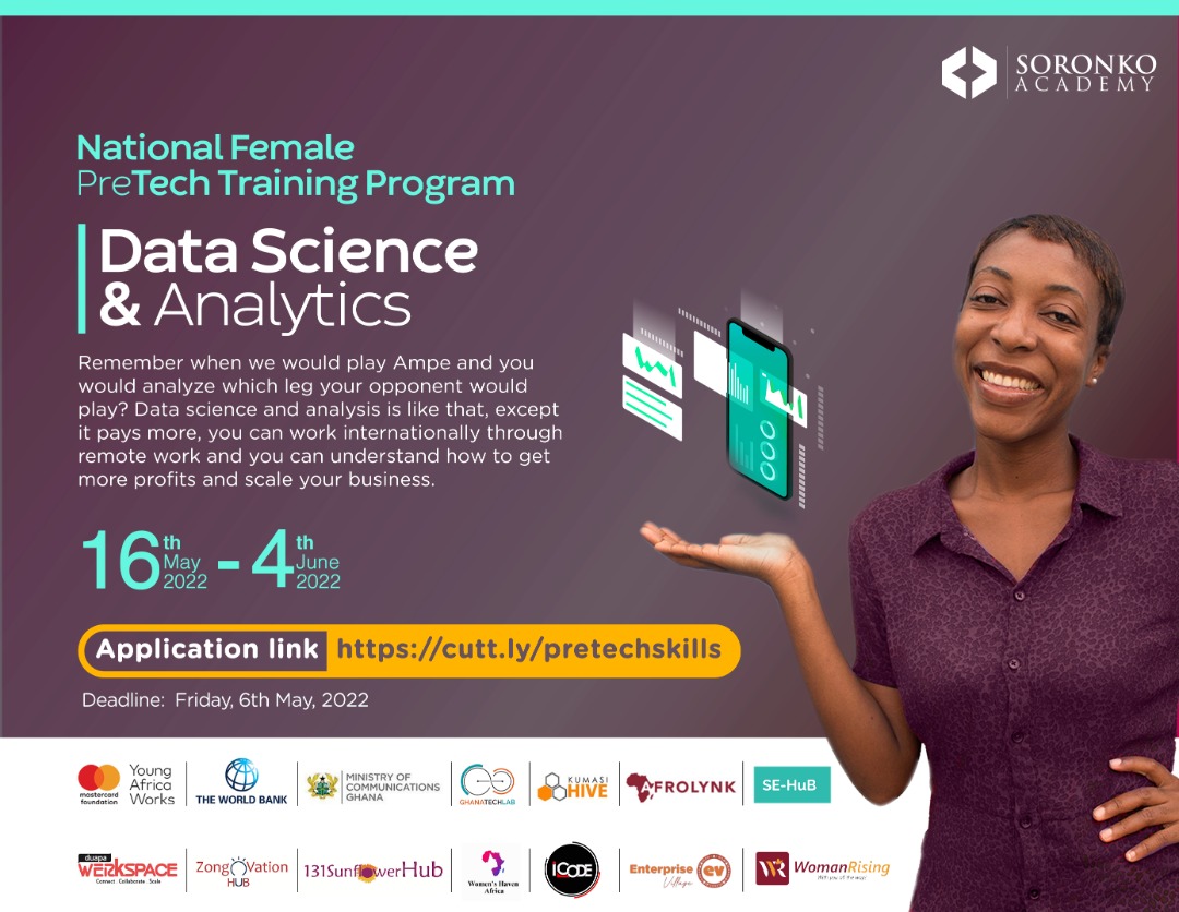 GTLIncubator's tweet image. Are you a young female between the ages of 18 and 35, seeking to upgrade yourself by learning a valuable skill in our ever-evolving world?

Apply now to join our FREE Data Science &amp;amp; Analytics Program cutt.ly/pretechskills 

Deadline: Friday, 6th May, 2022.

#GTLImpact